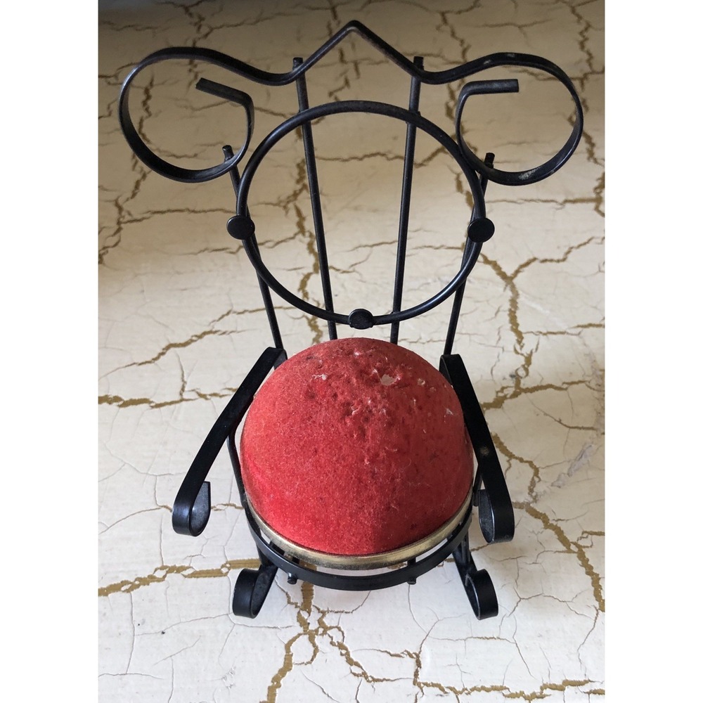 Vintage Ornate Metal Pin Cushion Rocking Chair Velveteen Cushion 4.5"